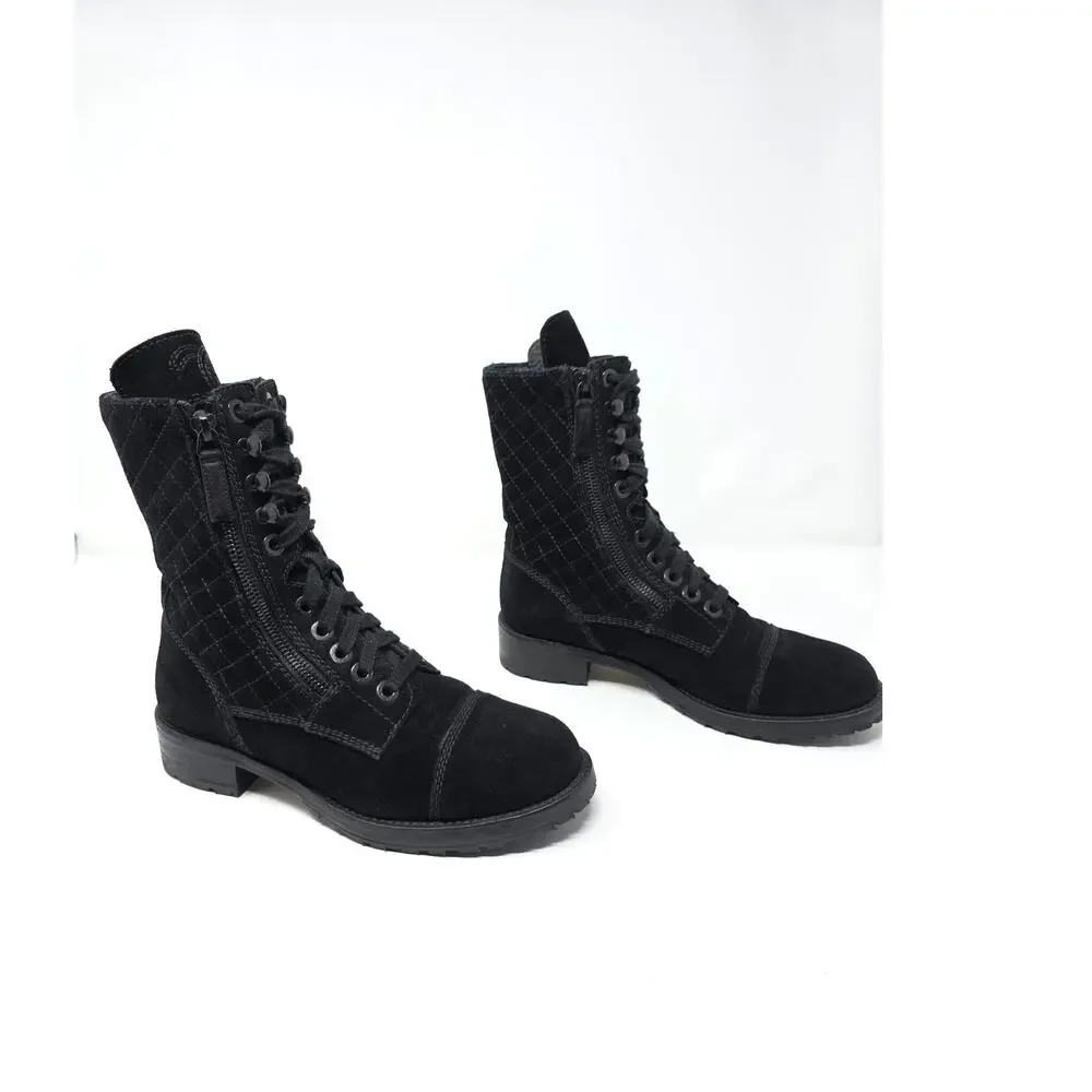Chanel Ankle Quilted Suede Combat Boots Moto Lace Up CC Logo Black 37 US 6.5